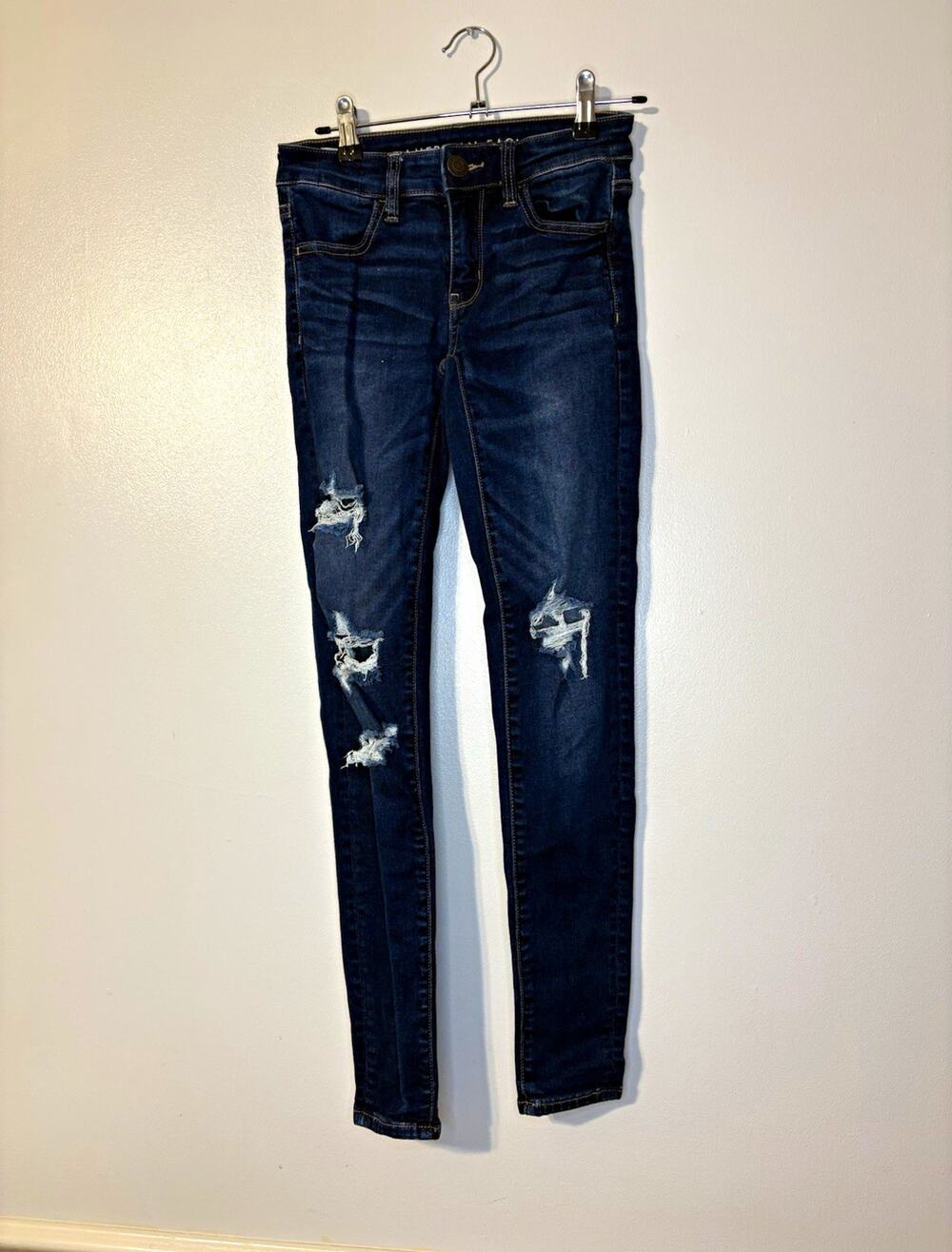 American Eagle Outfitters Womens Dark Wash Distressed Stretch Slim Jegging 0